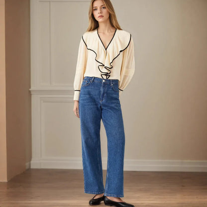 New Women's V-neck Retro Loose-fit Contrast-color Pleated Blouse - Gizmo Galaxy