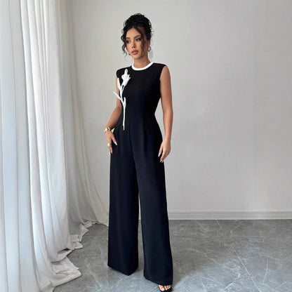 Elegant Embroidered Black Crew-Neck Sleeveless Wide-Leg Jumpsuit - Gizmo Galaxy