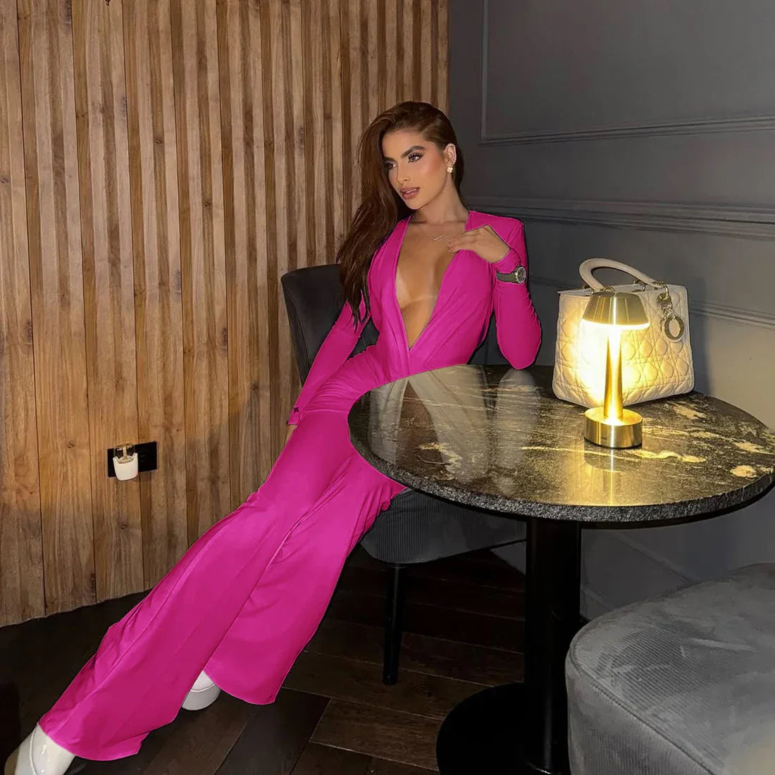 New Women's Fashion Sexy Deep V Long Sleeve Slim Fit Flared Jumpsuit - Gizmo Galaxy