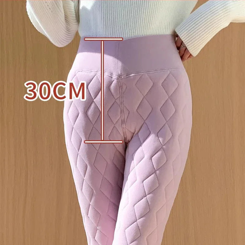 Warm Thickened Cashmere Leggings Winter Rhombus Stitching Pants Outerwear High Waist Slim Trousers Women Clothing - Gizmo Galaxy