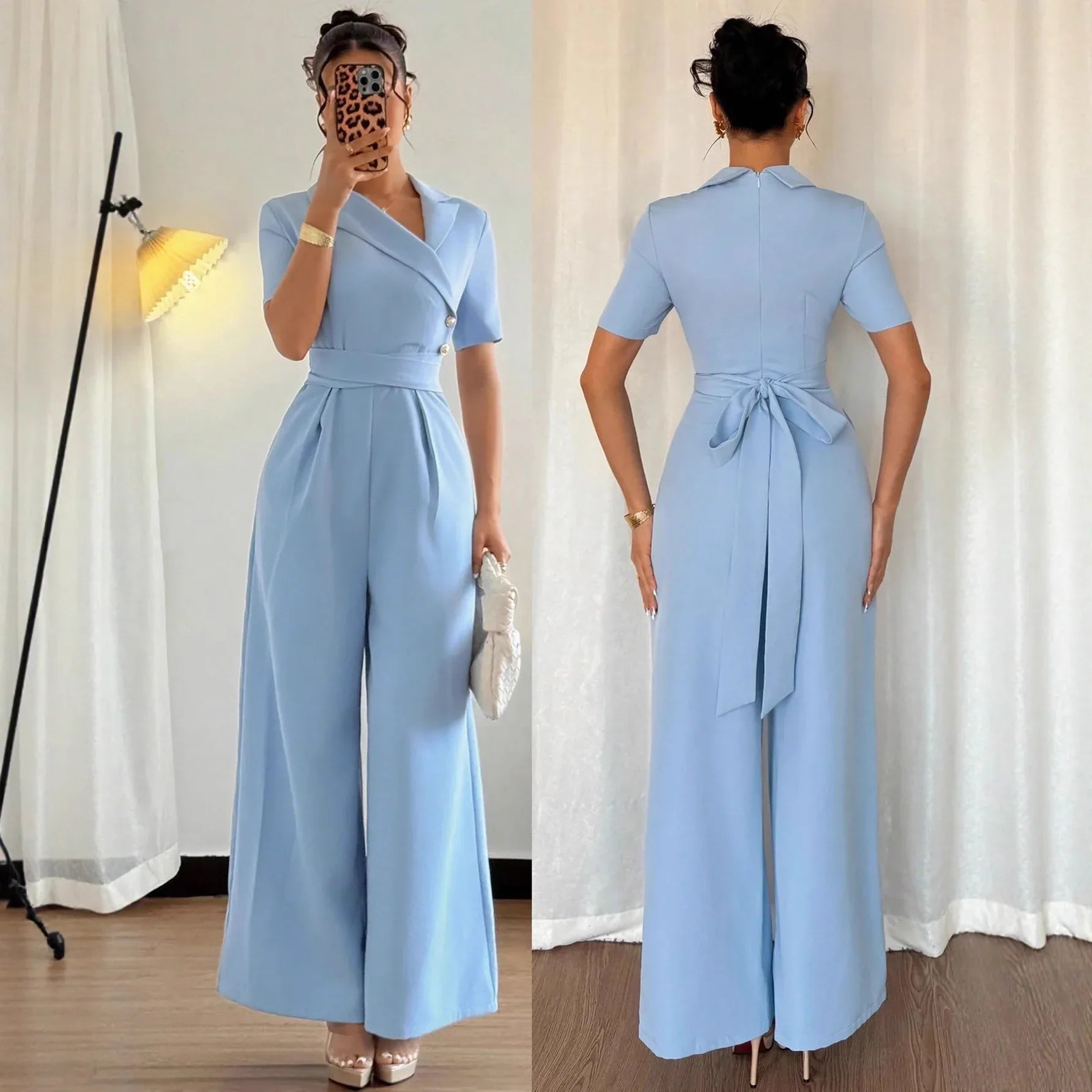 Women's Blue Off-shoulder Belted Slim-fit Jumpsuit - Gizmo Galaxy