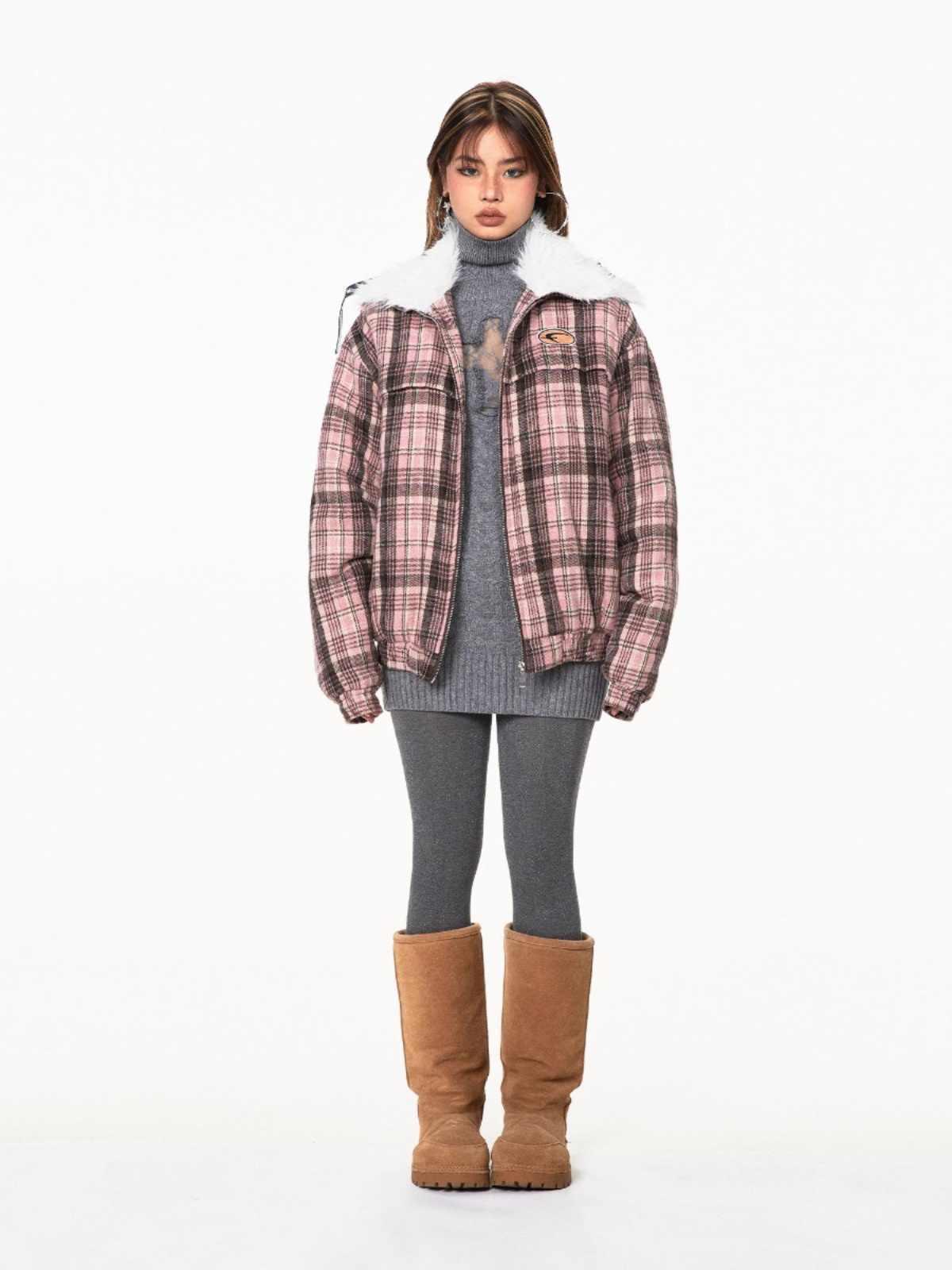 Retro Plaid Fur Collar Age-reducing Gray Loose All-match Design Cotton-padded Coat - Gizmo Galaxy
