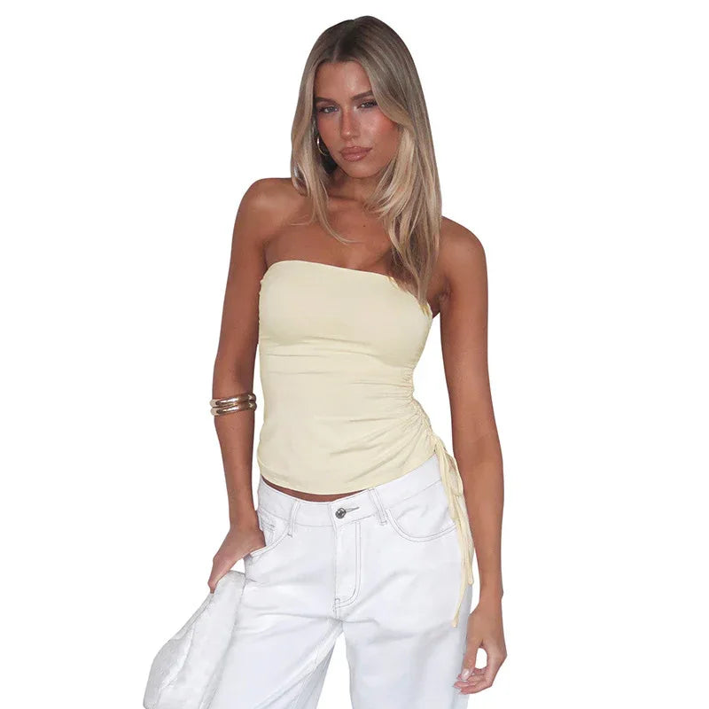 European And American Pure Color Tube-top Slim Fit Drawstring Pleated Simple T-shirt Top For Women - Gizmo Galaxy