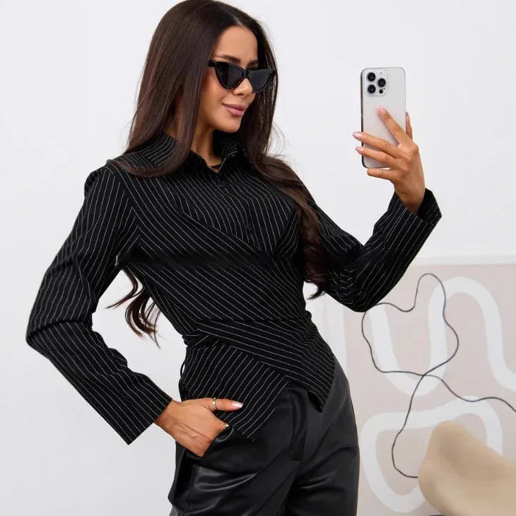Women's Designer-style Shirt With A Turn-down Collar Slanted Front Placket And A Fitted Waist - Gizmo Galaxy