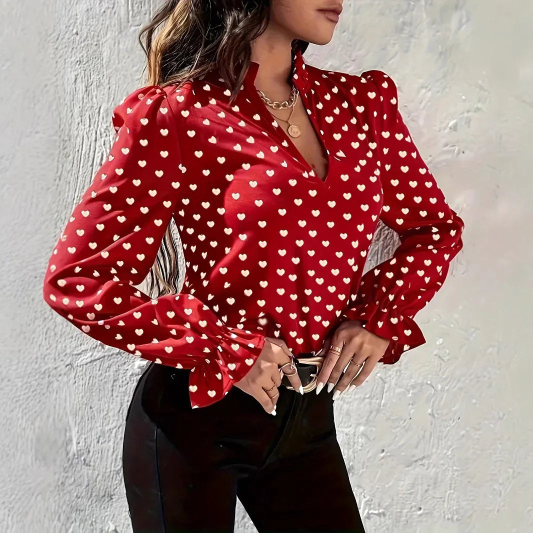 Women's Stand Collar Heart Shape Printed Shirt - Gizmo Galaxy