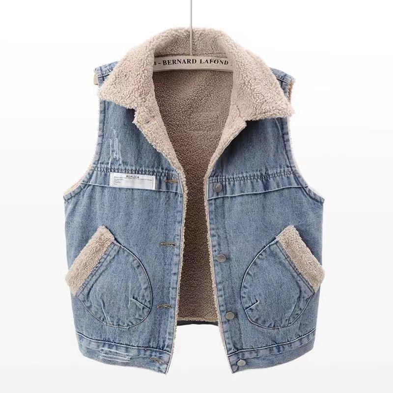 Lamb Wool Denim Cotton-padded Waistcoat Women - Gizmo Galaxy