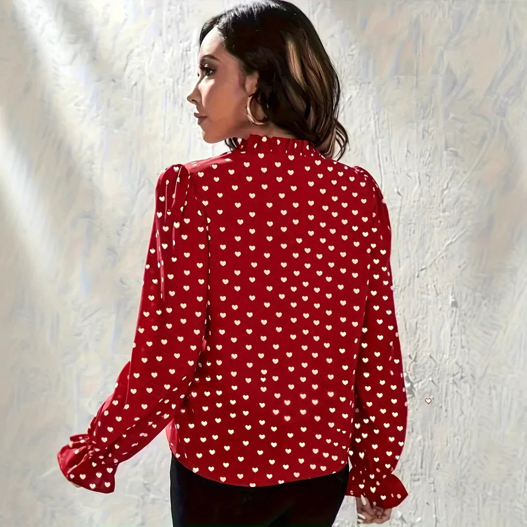 Women's Stand Collar Heart Shape Printed Shirt - Gizmo Galaxy