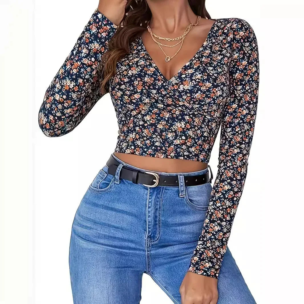 Women's Printed V-neck Top Long Sleeve - Gizmo Galaxy