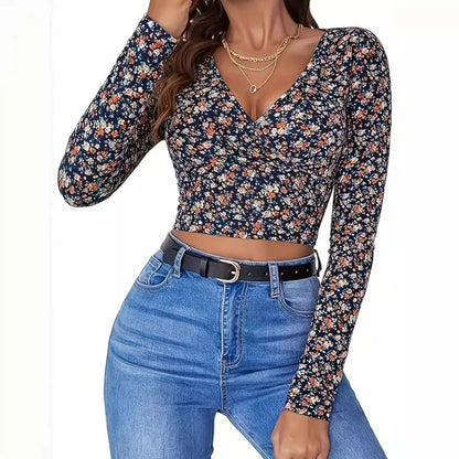 Women's Printed V-neck Top Long Sleeve - Gizmo Galaxy