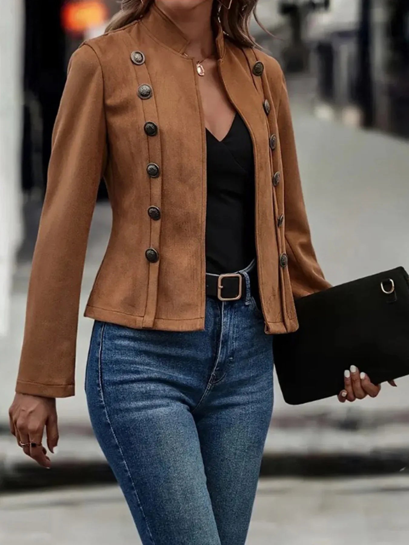 Brown Elegant Double-breasted Jacket - High Neck, Buttoned Placket, Micro-elastic, Street Style Solid Color Women'S Jacket - Suitable For Winter Amazon Does Not Sell - Gizmo Galaxy