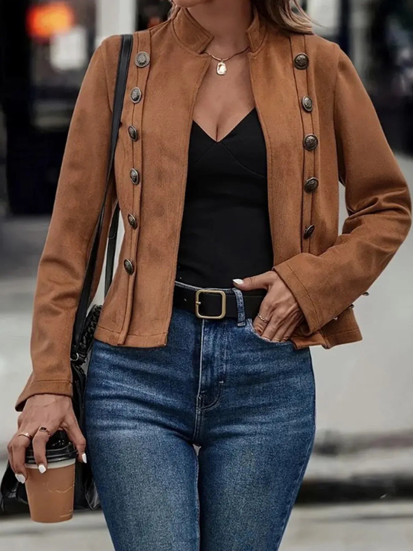 Brown Elegant Double-breasted Jacket - High Neck, Buttoned Placket, Micro-elastic, Street Style Solid Color Women'S Jacket - Suitable For Winter Amazon Does Not Sell - Gizmo Galaxy