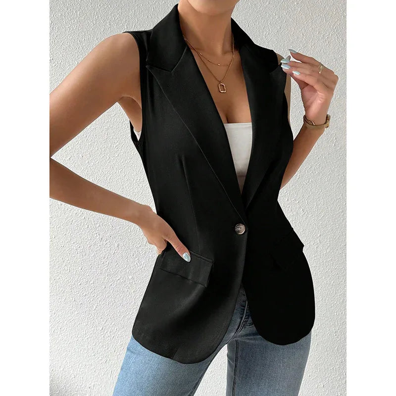 Women's Sleeveless Vest Blazer Casual Open Front Work Office Tops Jacket - Gizmo Galaxy