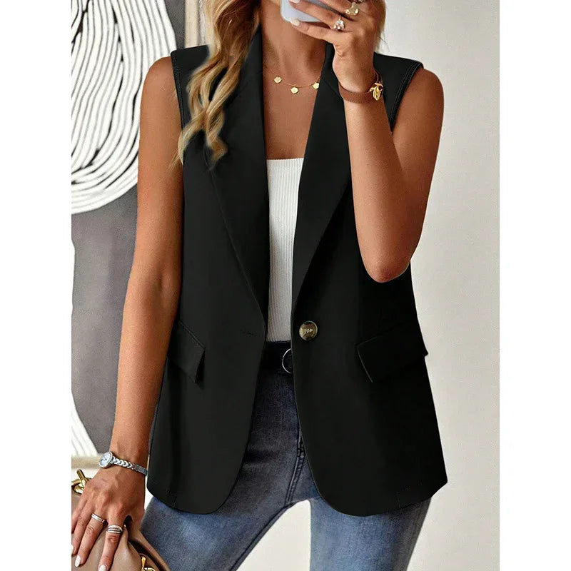 Women's Sleeveless Vest Blazer Casual Open Front Work Office Tops Jacket - Gizmo Galaxy