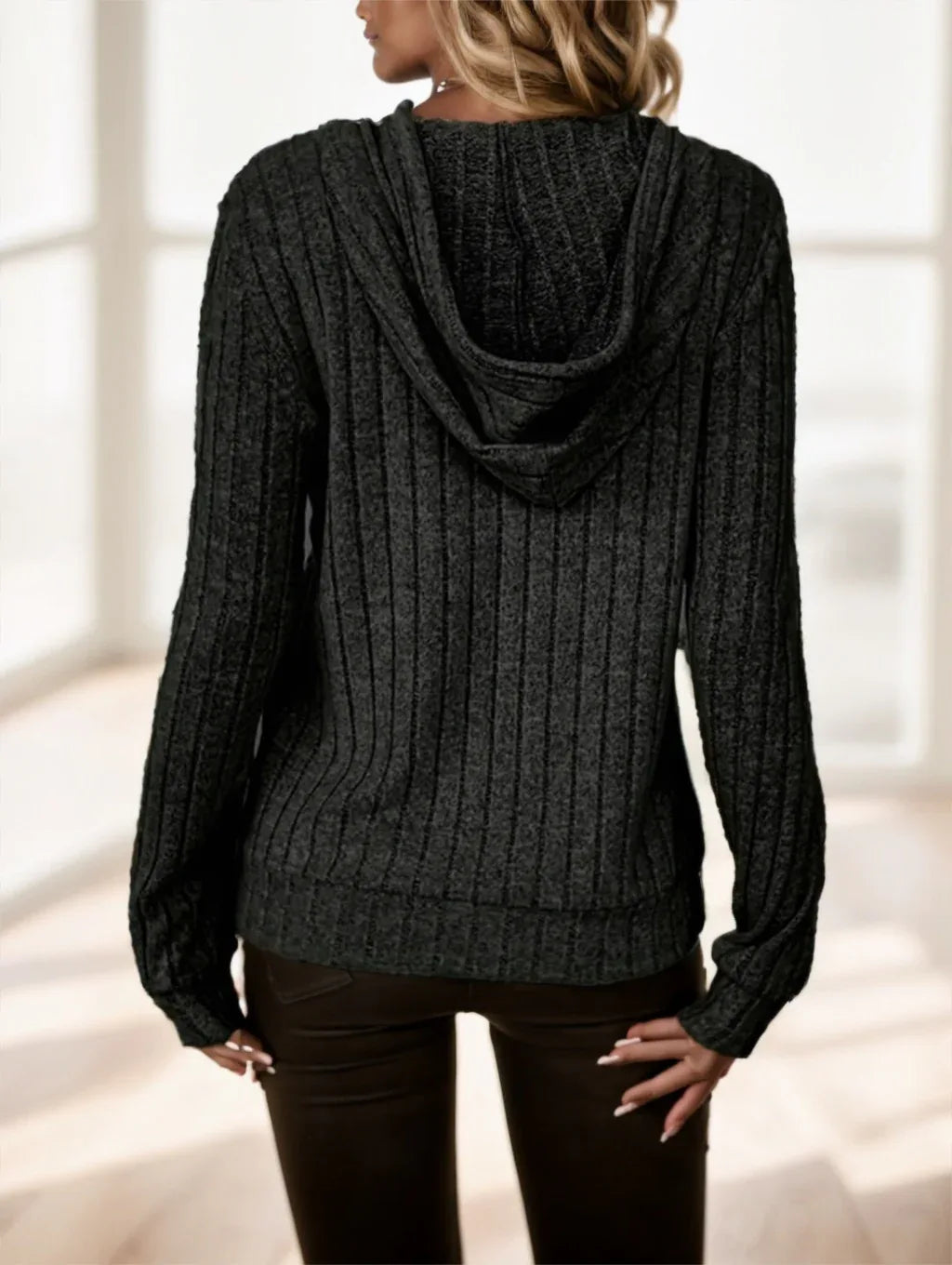 Solid Color Drawstring Ribbed Hoodie - Gizmo Galaxy
