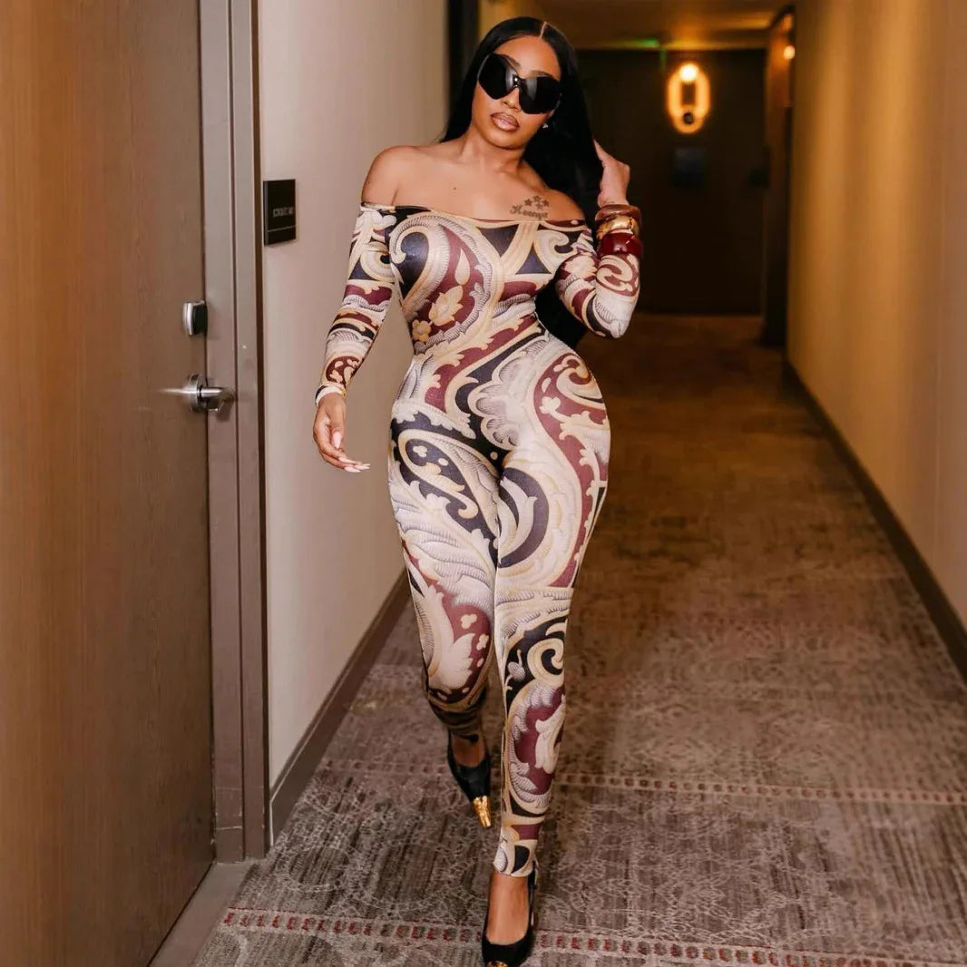 Sexy Print Off-shoulder Cinched Bodycon One-piece Trousers - Gizmo Galaxy