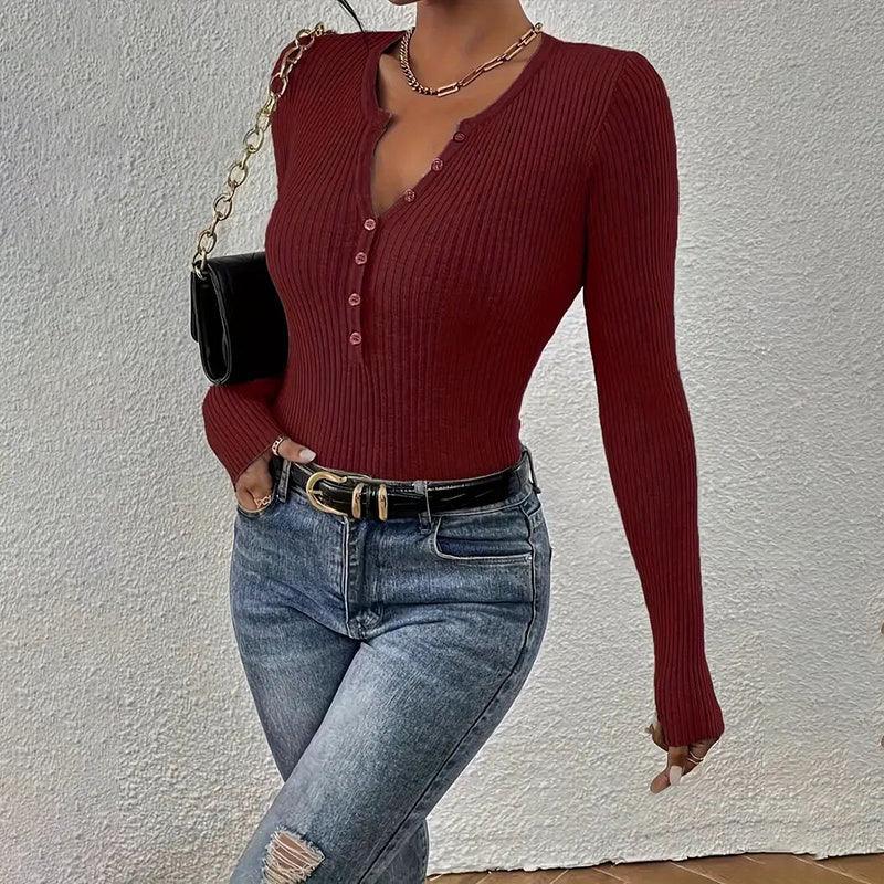 Women's Elegant V-Neck Button Detail Knit Sweater - Long Sleeve Solid Color Casual Pullover For Fall&SpringTop - Gizmo Galaxy