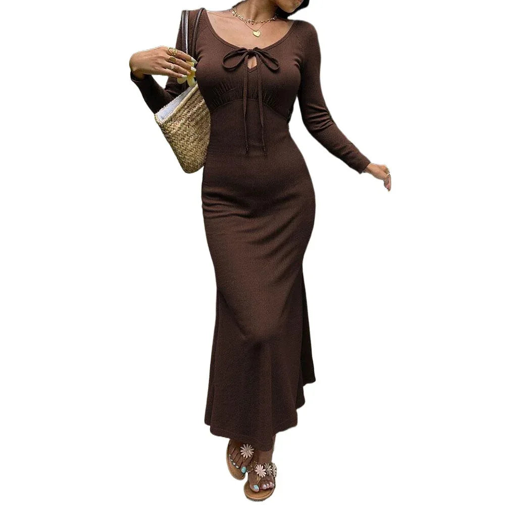 Pure And Alluring V-neck Long-sleeve Early Autumn New Arrival Spicy Girl's Figure-flattering Slimming Elegant A-line Dress - Gizmo Galaxy