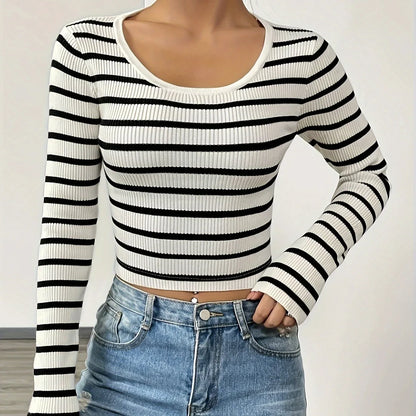 Women's Striped Slim Fit Long Sleeved Knitted T-shirt Top - Gizmo Galaxy