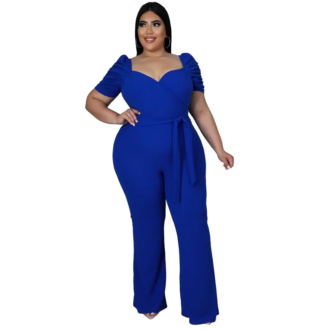 Women's Plus-Size Stand Collar Ruffle Sleeve High-Waist Jumpsuit Wide-Leg Pants - Gizmo Galaxy