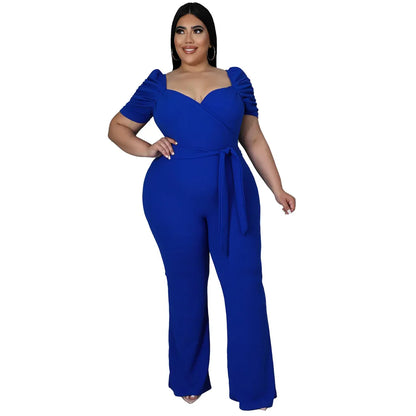 Women's Plus-Size Stand Collar Ruffle Sleeve High-Waist Jumpsuit Wide-Leg Pants - Gizmo Galaxy
