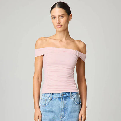 Solid Color Off-neck Pleated Slim Vest T-shirt - Gizmo Galaxy