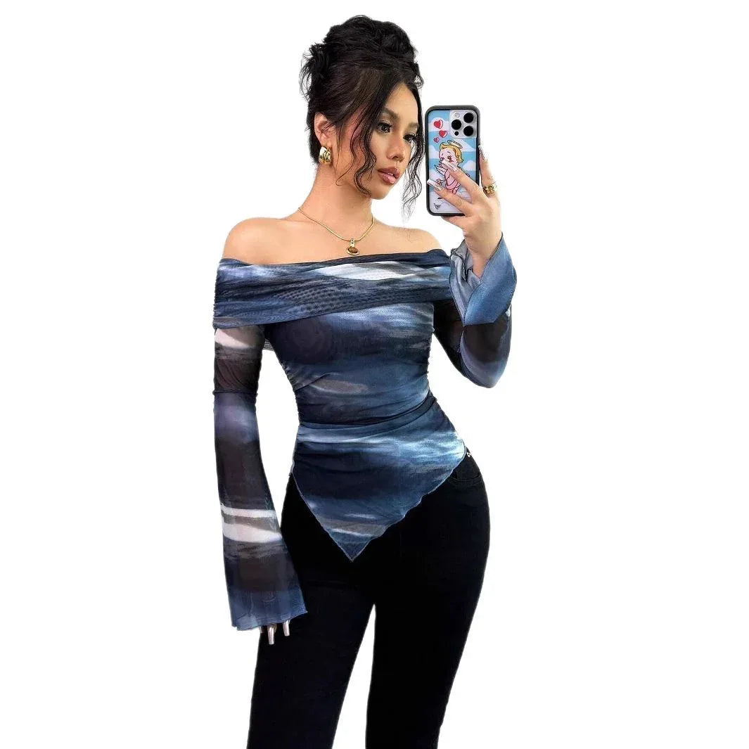 Knitted Mesh Printed Off-shoulder Collar Long Sleeved Fitted T-shirt - Gizmo Galaxy