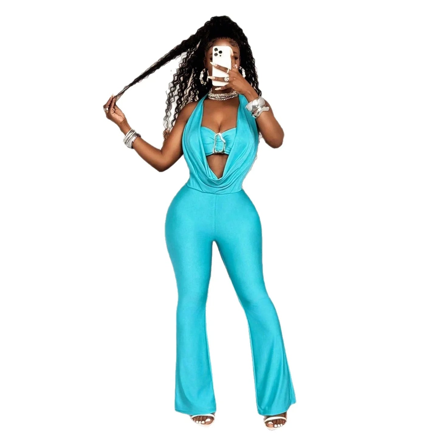 Women's Fashion Solid-Color High-Waist Sleeveless Halter Jumpsuit - Gizmo Galaxy