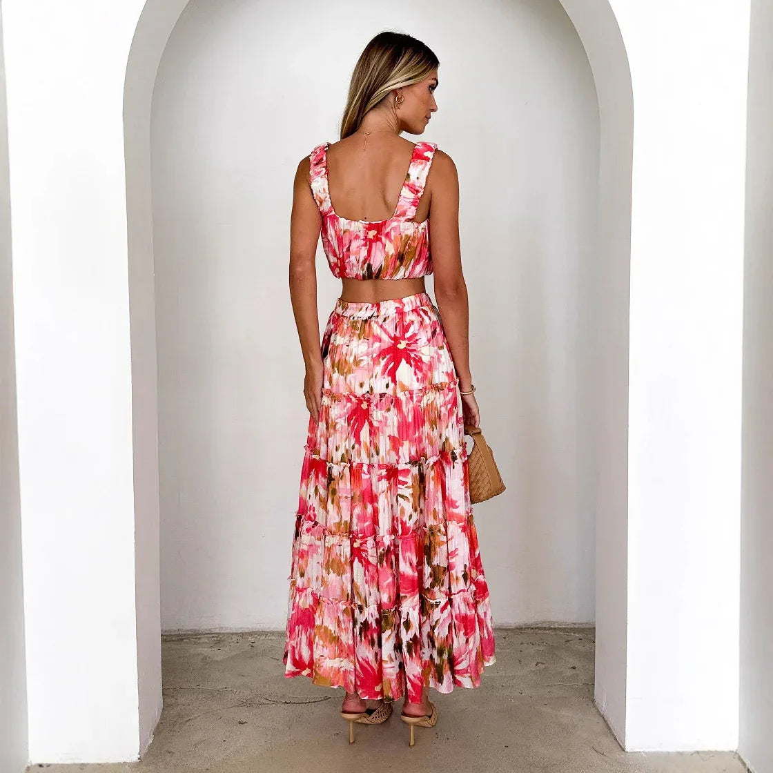 Women's Retro Sleeveless Short Wrap Bustier Printed High Waist Skirt Set - Gizmo Galaxy