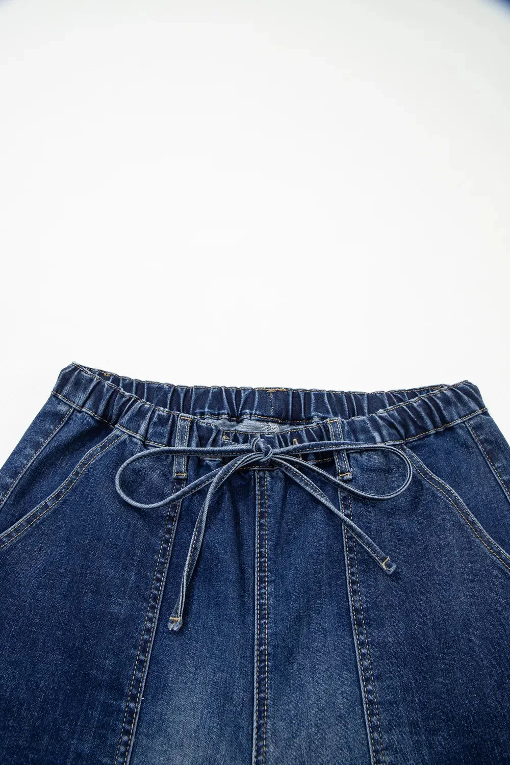 Prussian Blue Drawstring Seam Detail Raw Hem Wide Leg Denim Pants - Gizmo Galaxy