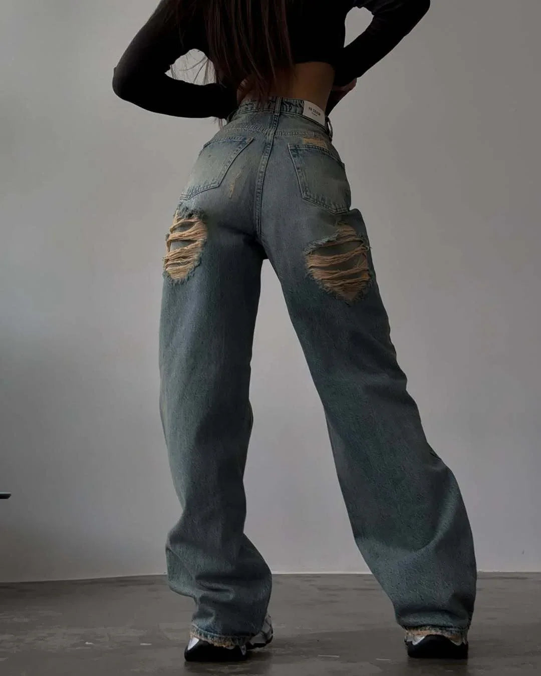 Retro Spicy High Waist Straight Mop Back Ripped Design Jeans - Gizmo Galaxy