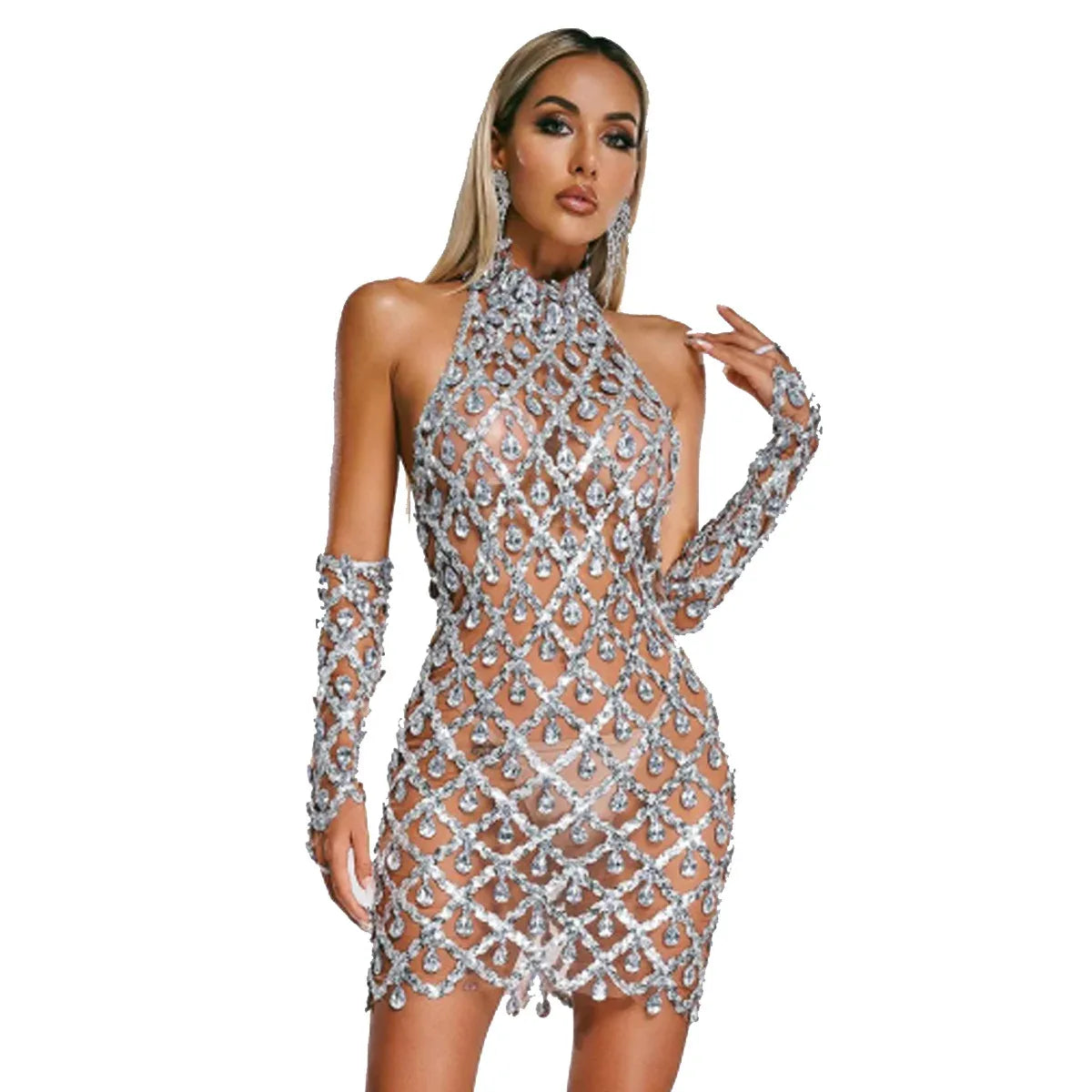 High-end Women's Heavy-duty Rhinestone Plaid Sequined Gloves Ultra-short Dress - Gizmo Galaxy