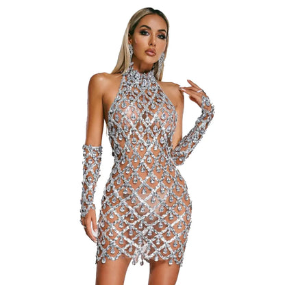 High-end Women's Heavy-duty Rhinestone Plaid Sequined Gloves Ultra-short Dress - Gizmo Galaxy