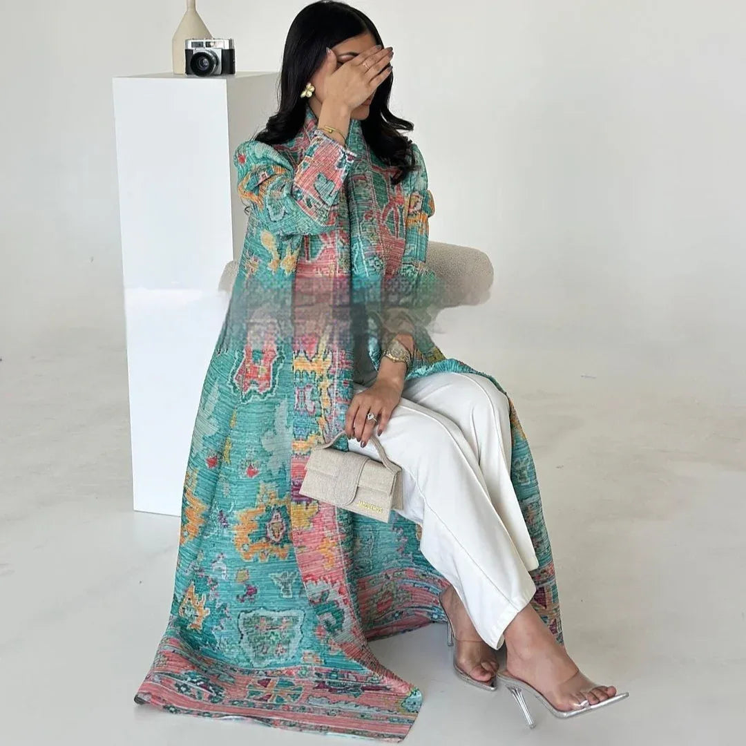 Pleated Trench Djellaba Hot-selling Printed Shawl Cardigan Ethnic Style Cloak Coat - Gizmo Galaxy