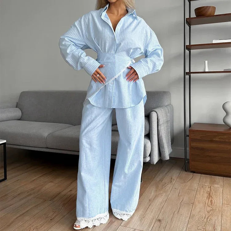 Patchwork Striped Lapel Long-sleeve Shirt Casual Wide-leg Pantsthree-piece Set - Gizmo Galaxy