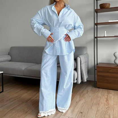 Patchwork Striped Lapel Long-sleeve Shirt Casual Wide-leg Pantsthree-piece Set - Gizmo Galaxy