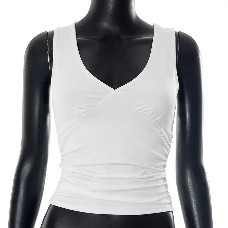 European And American Solid Color And V-neck Pleated Sexy Vest Top For Women - Gizmo Galaxy