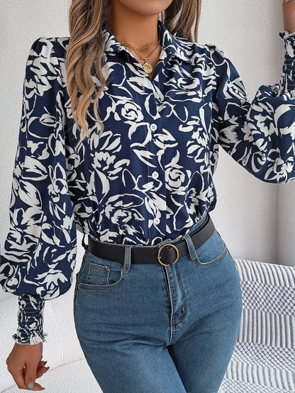 Women's Elegant Color-Blocked Floral Lantern Sleeve Lapel Shirt - Gizmo Galaxy