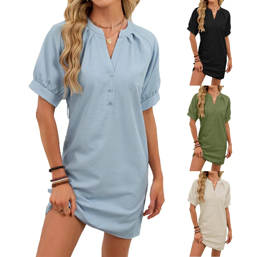 Women's Solid-Color Casual V-Neck Lace-Up Dress - Gizmo Galaxy