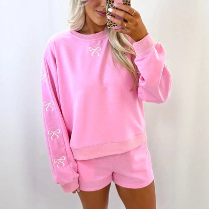 Casual Loose-fit Crew-neck Pullover Solid-color Embroidered Long-sleeve Top And Shorts Set - Gizmo Galaxy