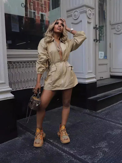 Drawstring Waist Mid-length Trench Coat For Women - Gizmo Galaxy