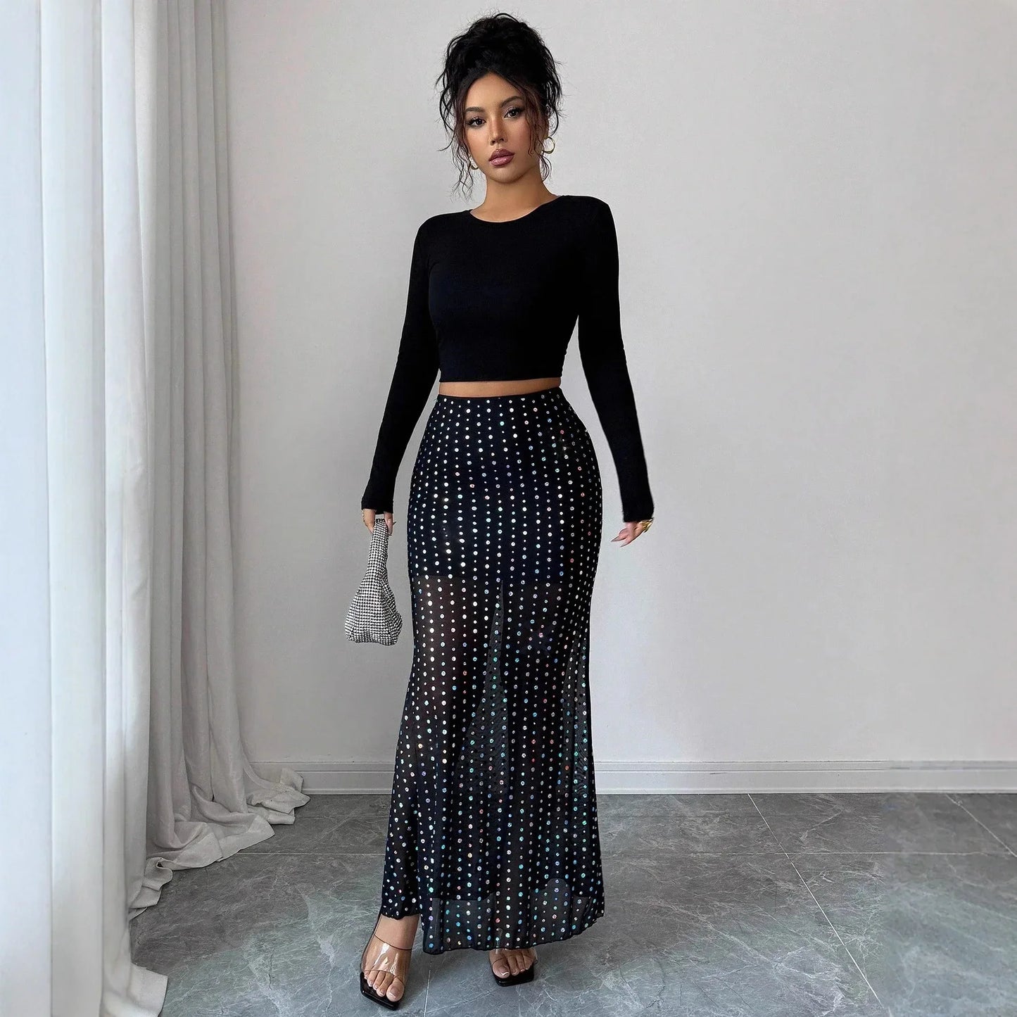 Shimmery Sequin Doublelayer Mesh Highwaist Figurehugging Hipskimming Skirt - Gizmo Galaxy