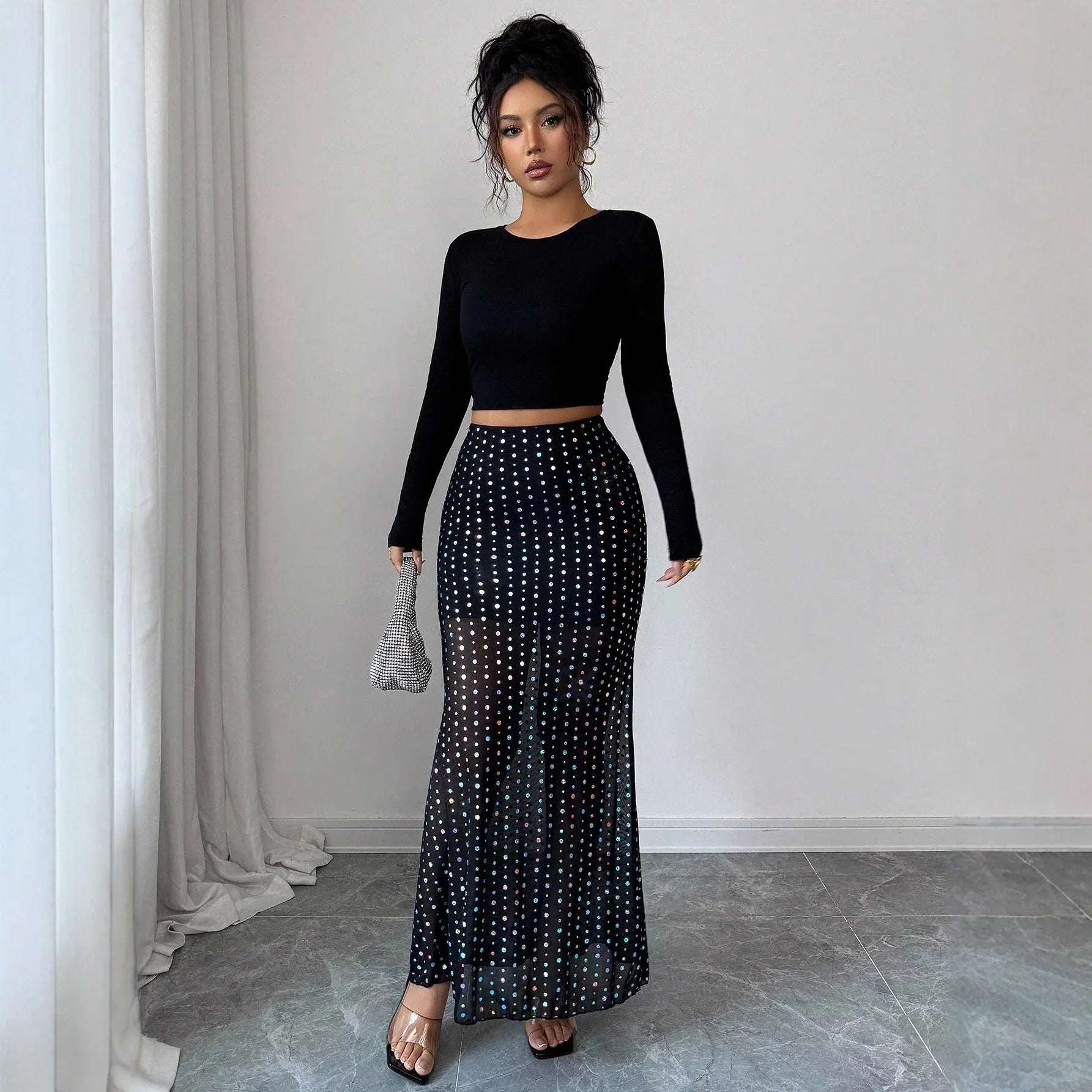 Shimmery Sequin Doublelayer Mesh Highwaist Figurehugging Hipskimming Skirt - Gizmo Galaxy