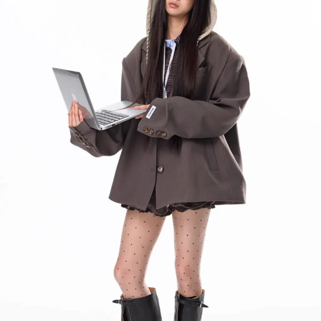 Hooded Patchwork Boyfriend Style Suit Jacket For Women - Gizmo Galaxy