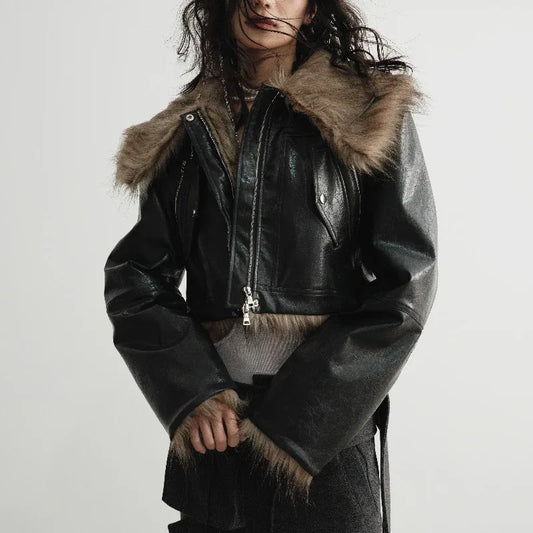 Wild Loose Feeling Fur Reverse Leather Jacket Short Coat - Gizmo Galaxy