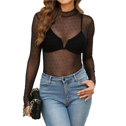 Women's Semi High Neck Sheer Long Sleeve TShirt Sexy Y2K Mesh Top - Gizmo Galaxy