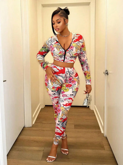 Women's Fashion Hooded Printed Top And Waist-length Sexy Pants Set - Gizmo Galaxy