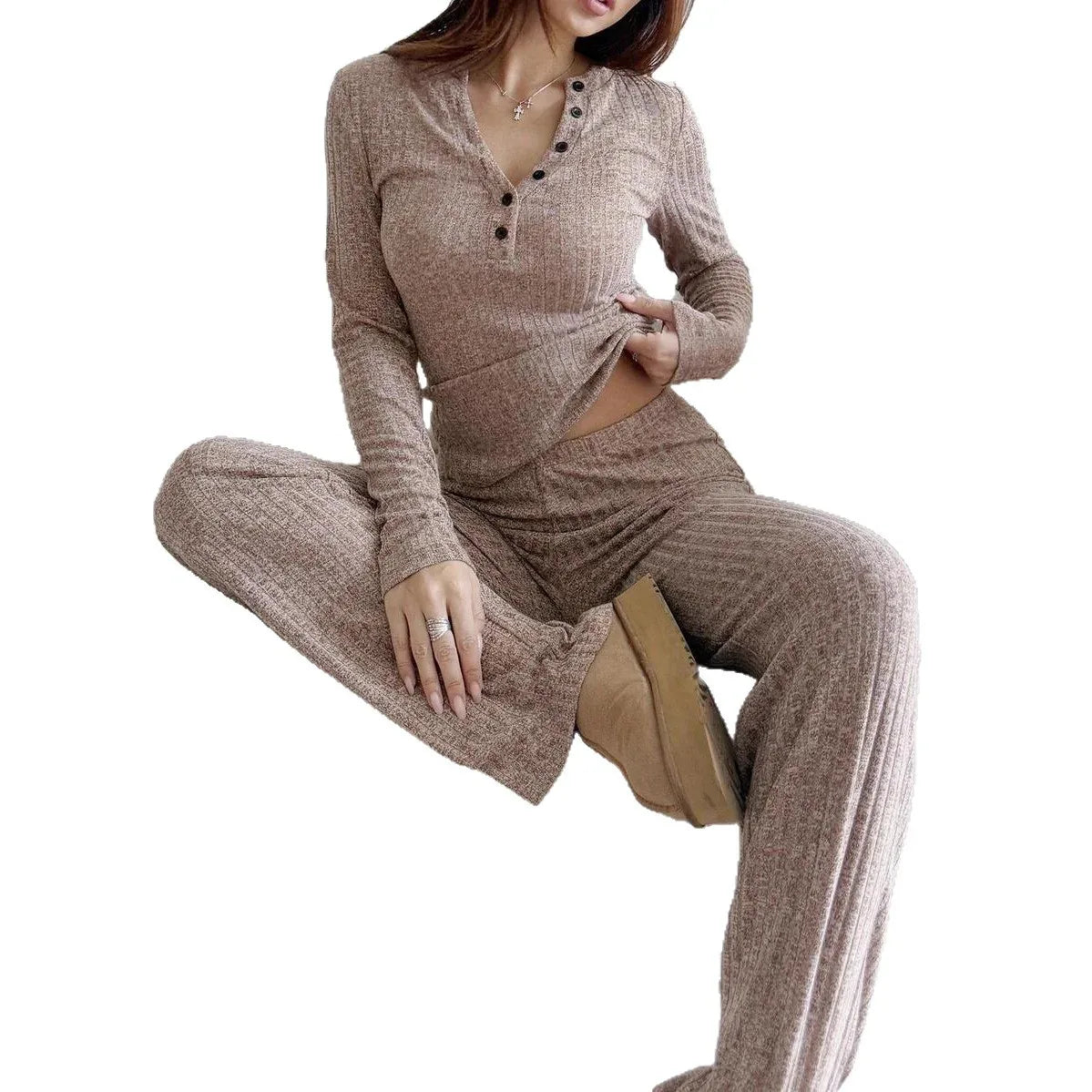 Knitted Ribbed T-shirt And Pants For Women - Gizmo Galaxy