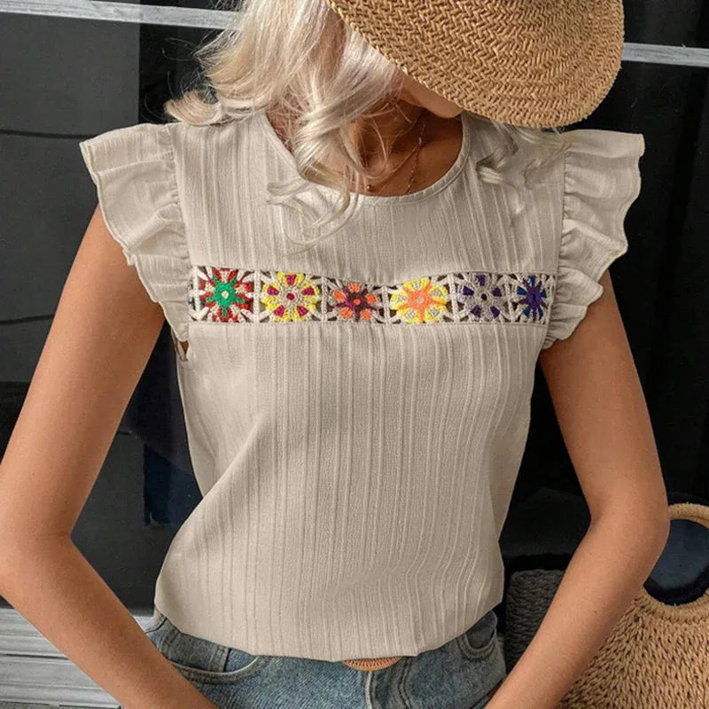 Women's Ruffle Short Sleeve Summer Tops Cute Crew Neck Floral Crochet Blouses Shirts - Gizmo Galaxy