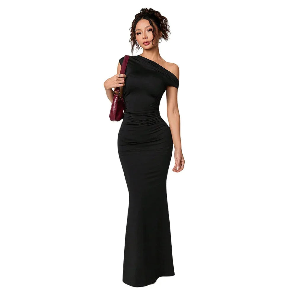 Women's Sexy Socialite-style Dress Summer Off-shoulder Slant-neck Black Evening Gown Maxi Dress - Gizmo Galaxy