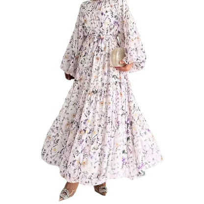 Chiffon Floral Dress With Belt Long Length Stylish And Elegant - Gizmo Galaxy